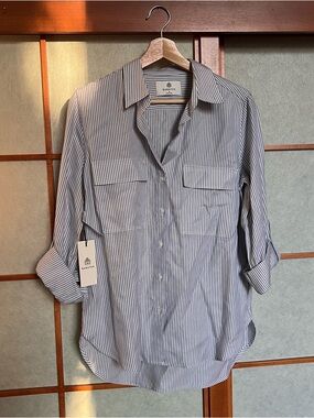 NWT Babaton Striped Button Down Shirt Blue White Amelie Tencel Lyocell Aritzia